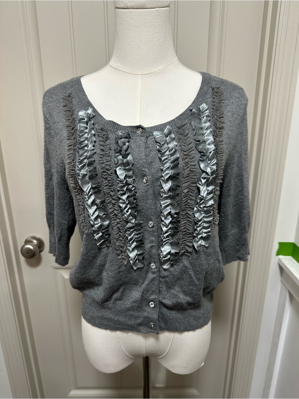 Express Women's Gray Ruffle-Front Button Cardigan